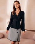 Black V-Neck Blouse with Lace Trim and Button Details
