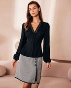 Black V-Neck Blouse with Lace Trim and Button Details