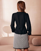 Black V-Neck Blouse with Lace Trim and Button Details