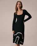 Scalloped Midi Dress in Black Wave Knit
