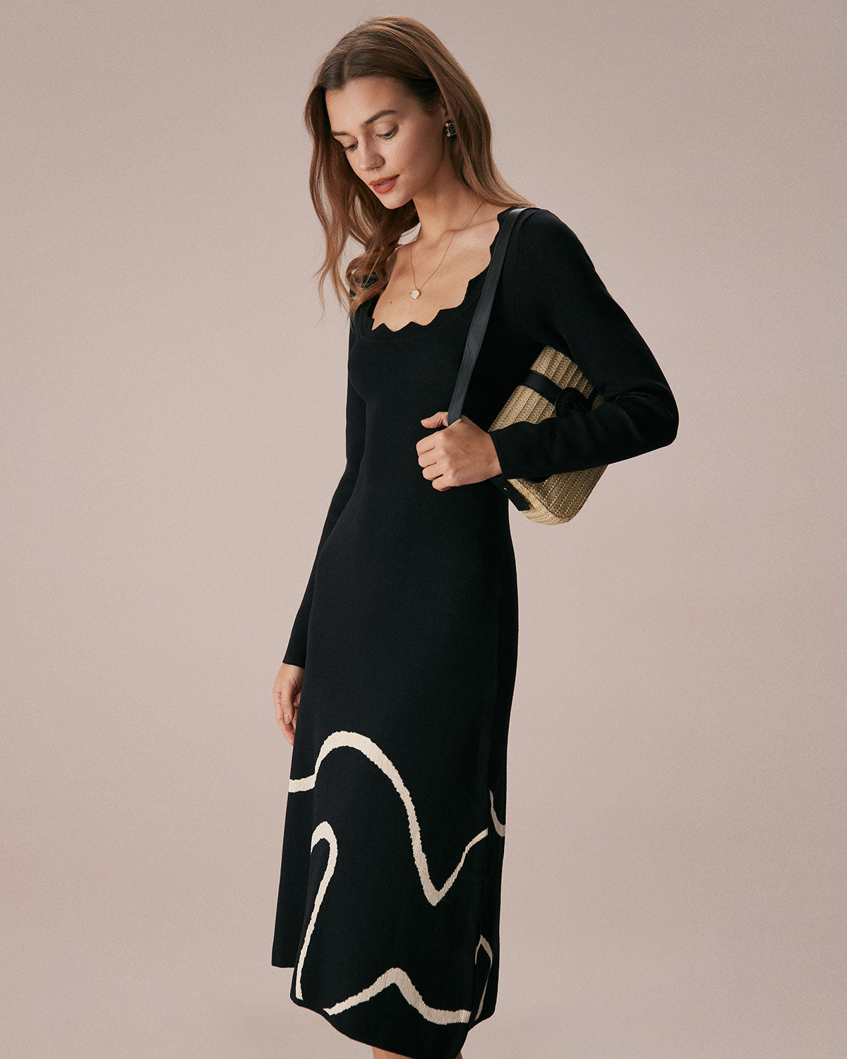Scalloped Midi Dress in Black Wave Knit