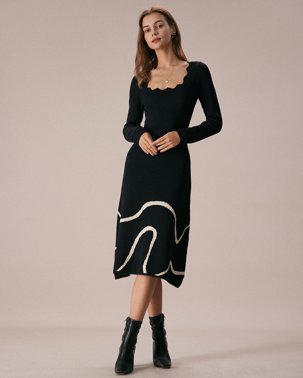 Scalloped Midi Dress in Black Wave Knit