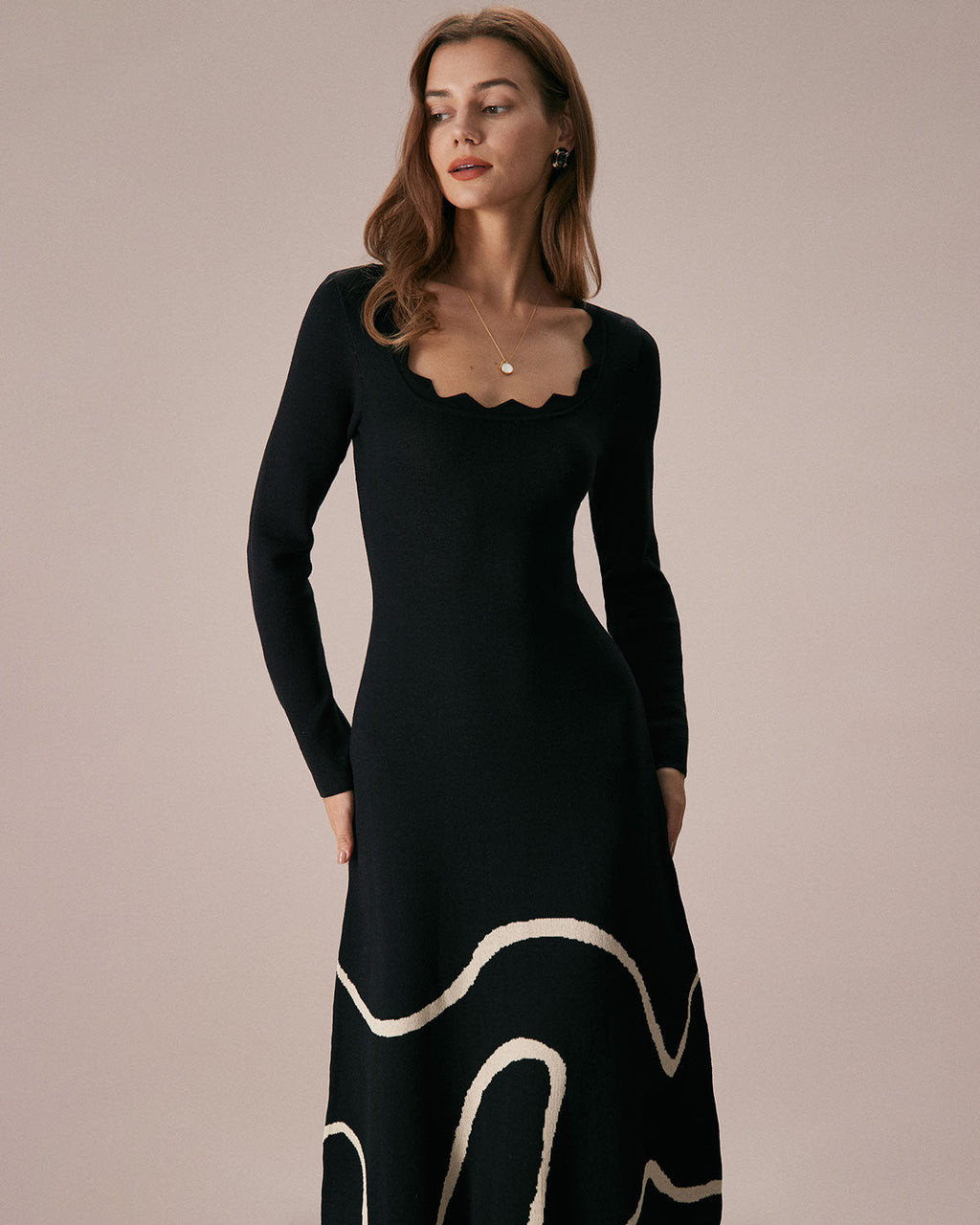 Scalloped Midi Dress in Black Wave Knit