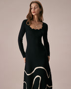 Scalloped Midi Dress in Black Wave Knit