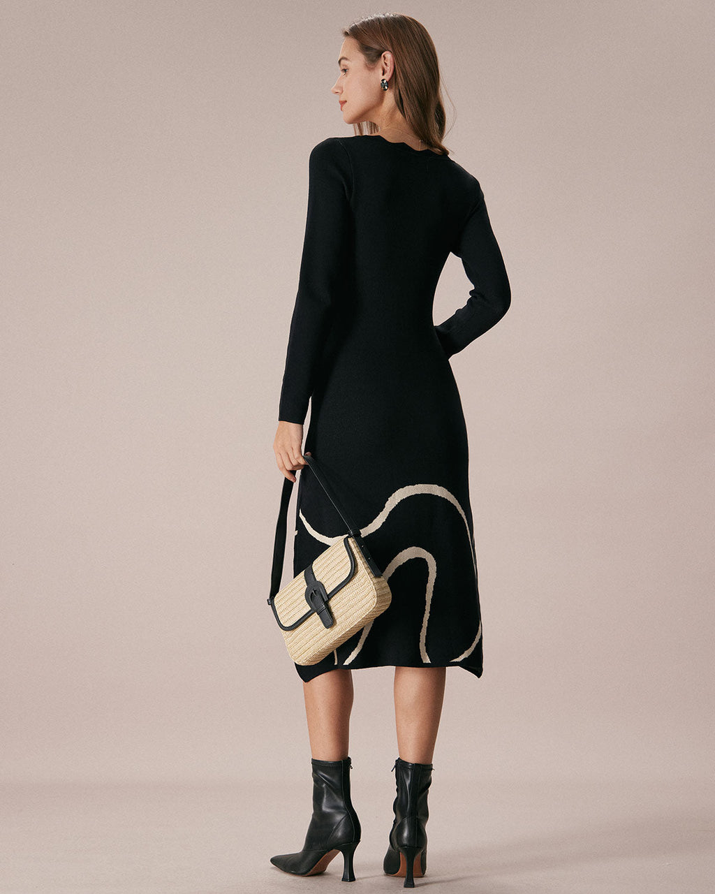 Scalloped Midi Dress in Black Wave Knit