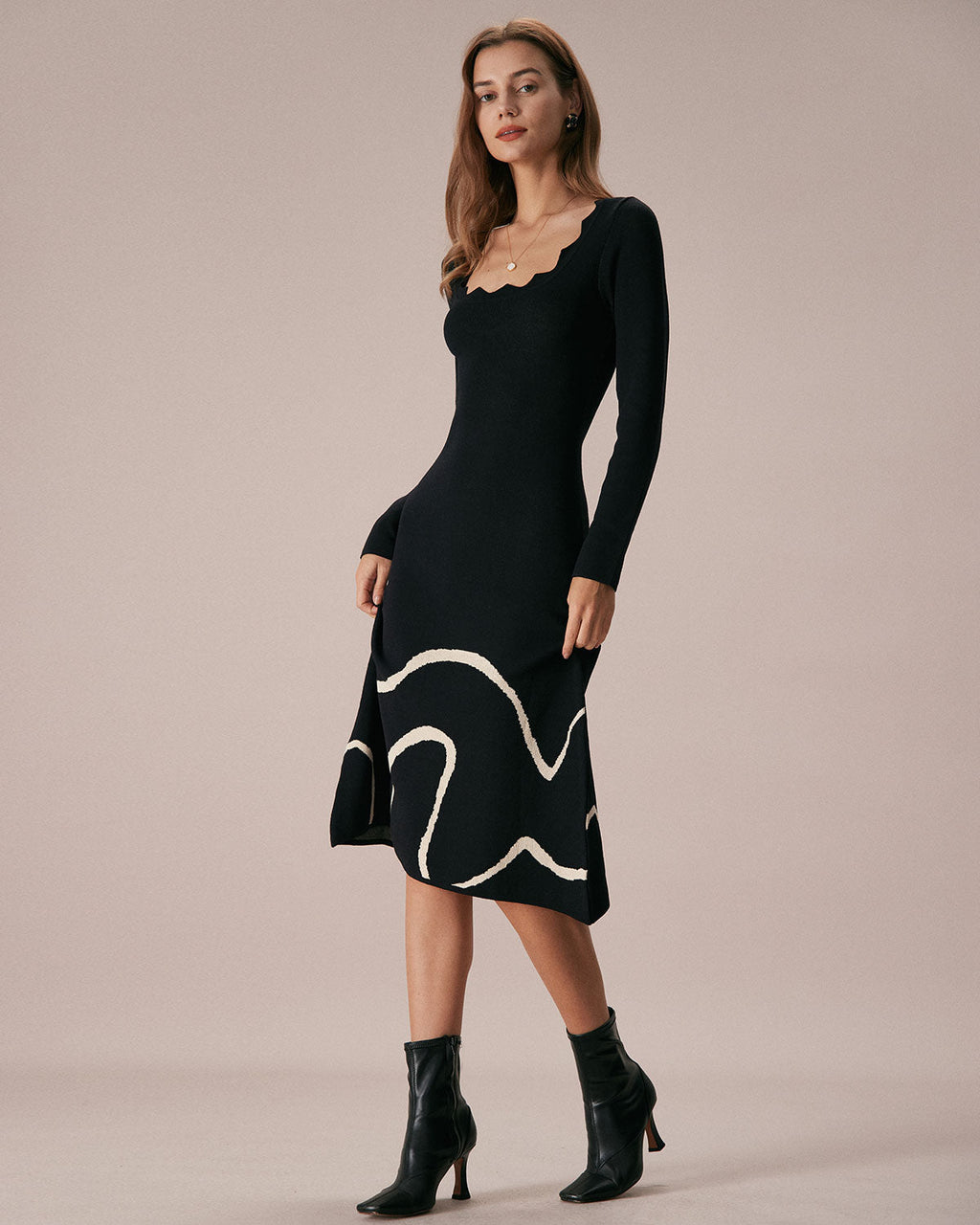 Scalloped Midi Dress in Black Wave Knit
