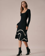 Scalloped Midi Dress in Black Wave Knit