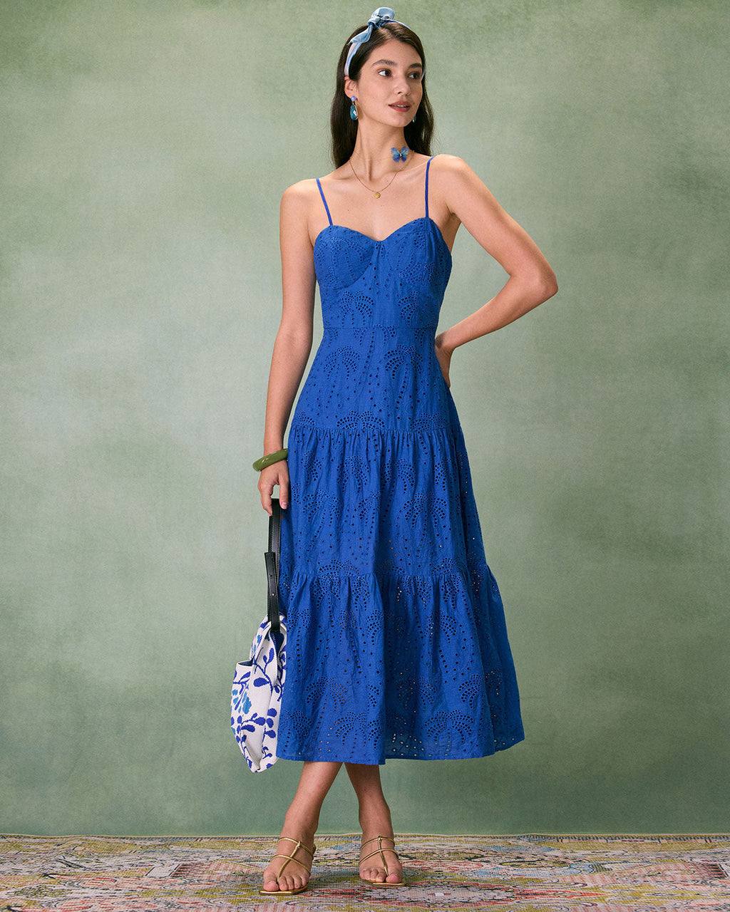 Blue Sweetheart Neck Embroidered Midi Slip Dress