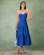 Blue Sweetheart Neck Embroidered Midi Slip Dress
