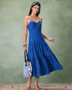 Blue Sweetheart Neck Embroidered Midi Slip Dress