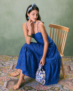 Blue Sweetheart Neck Embroidered Midi Slip Dress