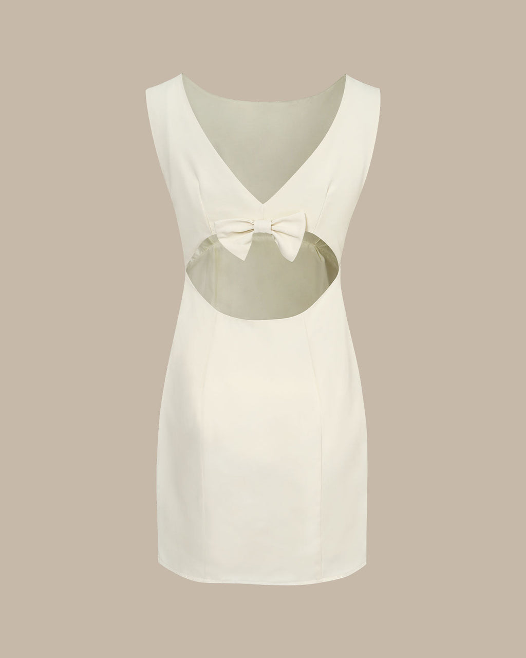 Beige Boat Neck Mini Dress with Back Bow Detail