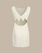 Beige Boat Neck Mini Dress with Back Bow Detail