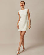 Beige Boat Neck Mini Dress with Back Bow Detail