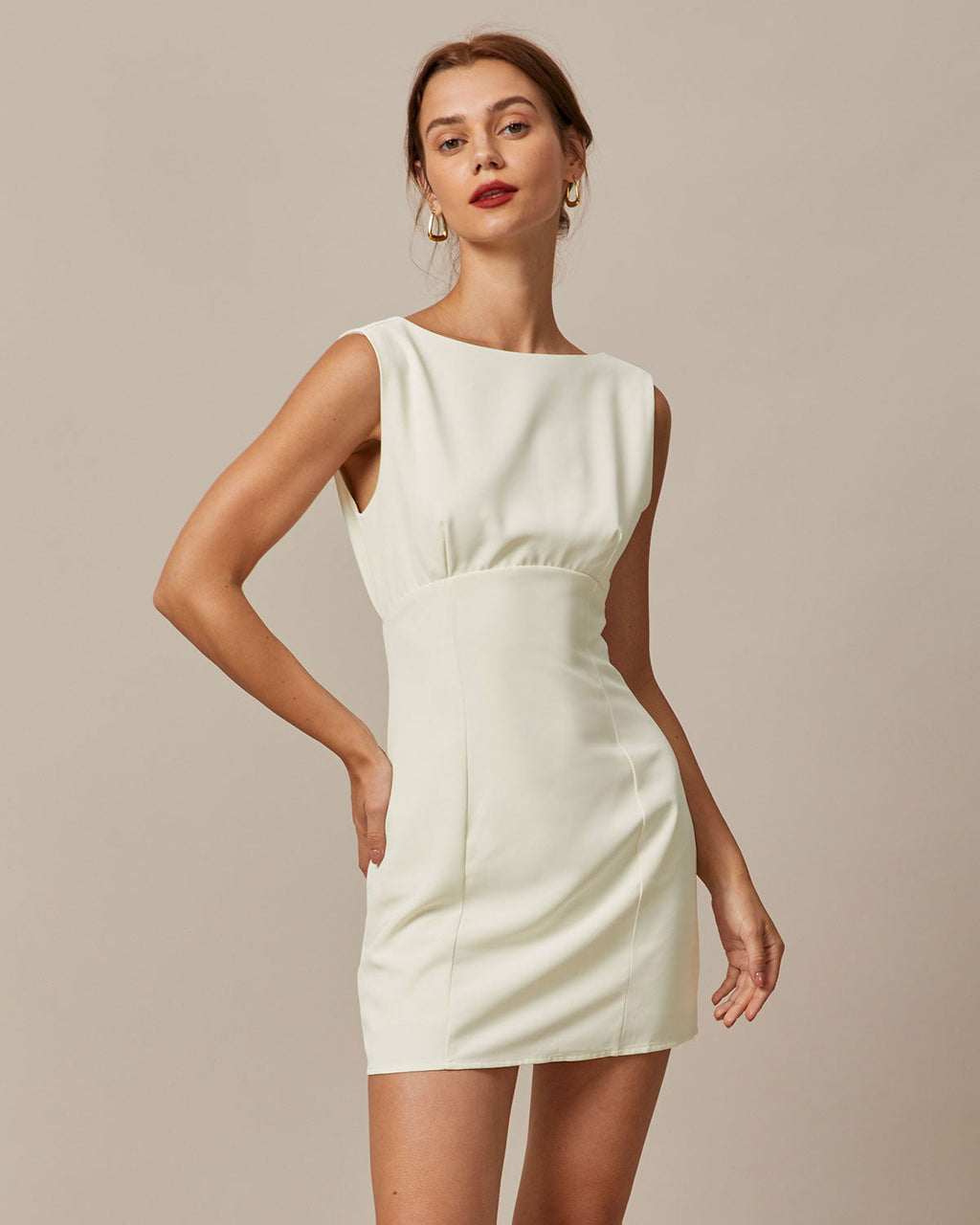 Beige Boat Neck Mini Dress with Back Bow Detail