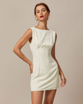 Beige Boat Neck Mini Dress with Back Bow Detail