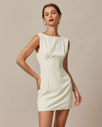 Beige Boat Neck Mini Dress with Back Bow Detail