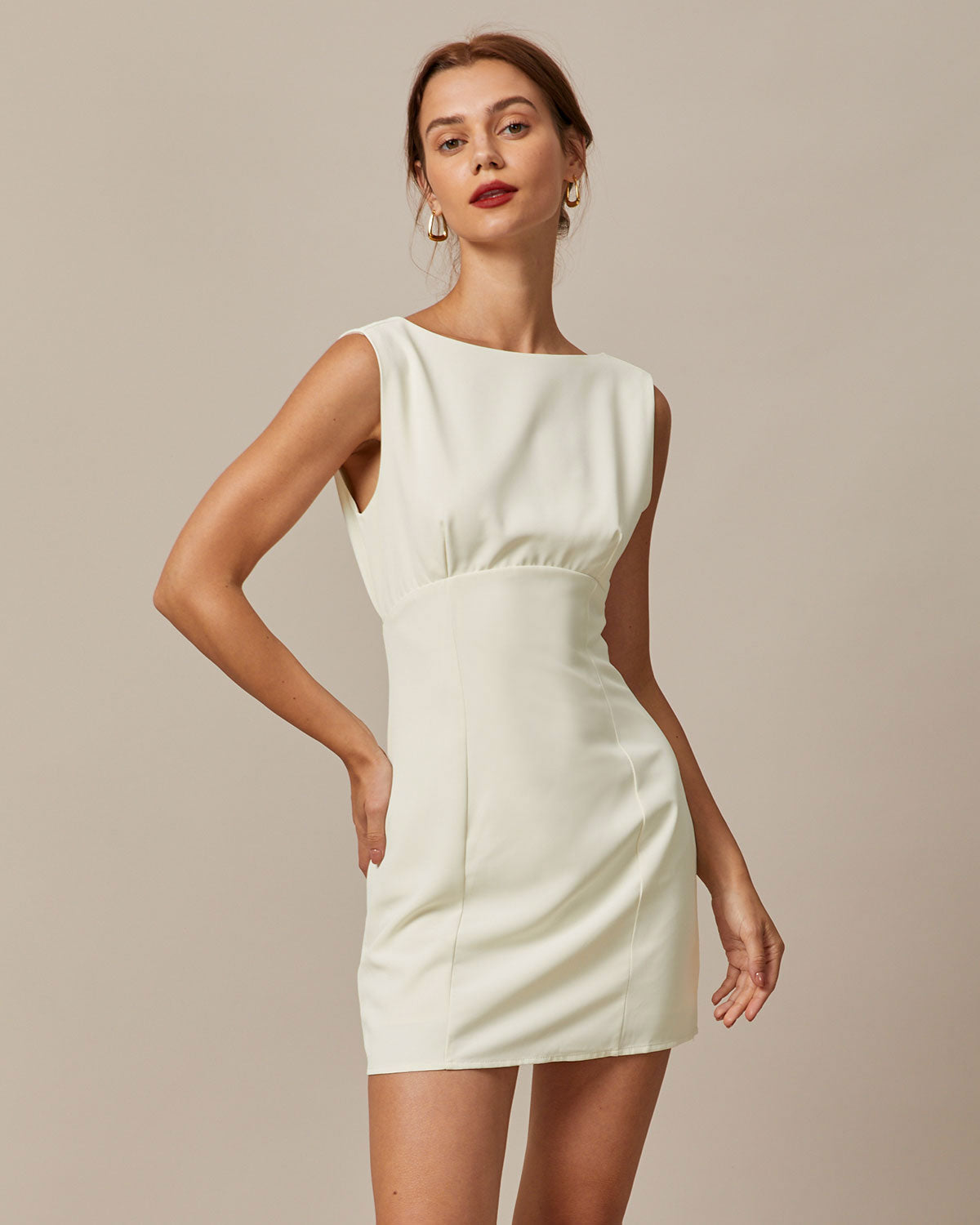 Beige Boat Neck Mini Dress with Back Bow Detail