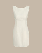 Beige Boat Neck Mini Dress with Back Bow Detail