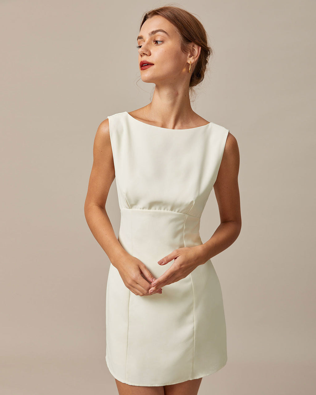 Beige Boat Neck Mini Dress with Back Bow Detail