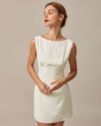 Beige Boat Neck Mini Dress with Back Bow Detail