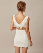 Beige Boat Neck Mini Dress with Back Bow Detail
