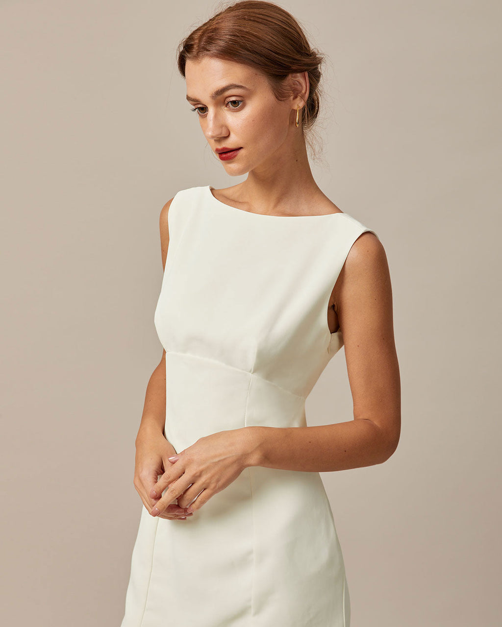 Beige Boat Neck Mini Dress with Back Bow Detail