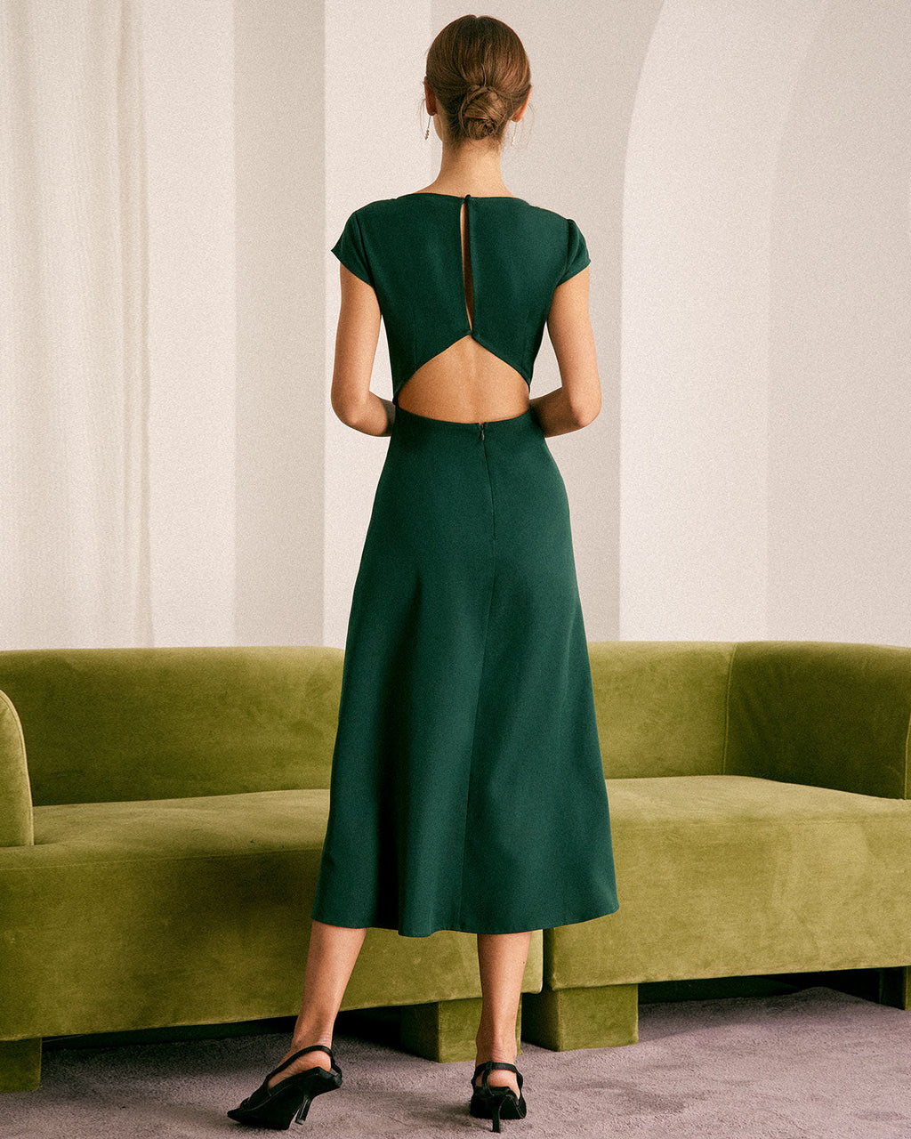 Green Boat Neck Midi Dress with Cutout Back