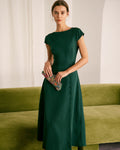 Green Boat Neck Midi Dress with Cutout Back