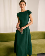 Green Boat Neck Midi Dress with Cutout Back