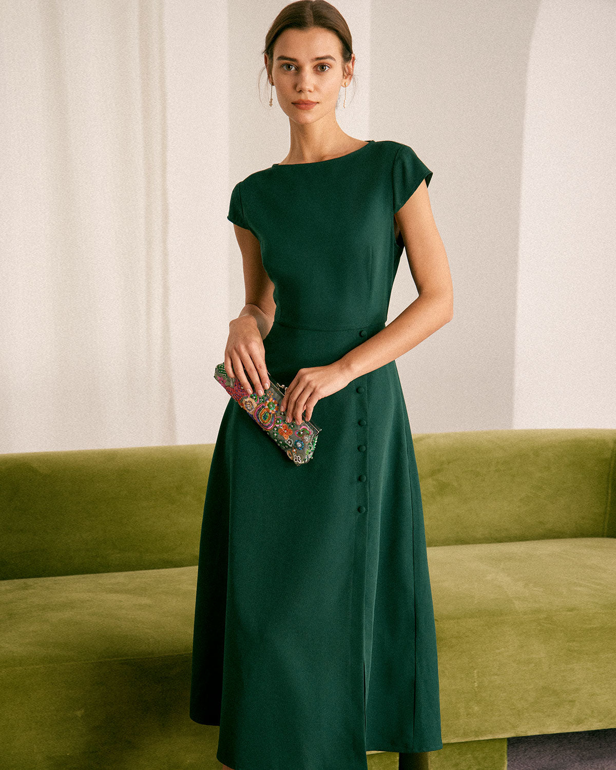 Green Boat Neck Midi Dress with Cutout Back