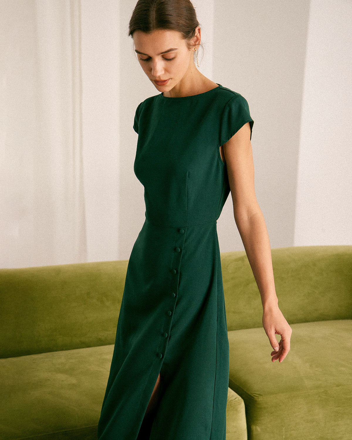 Green Boat Neck Midi Dress with Cutout Back