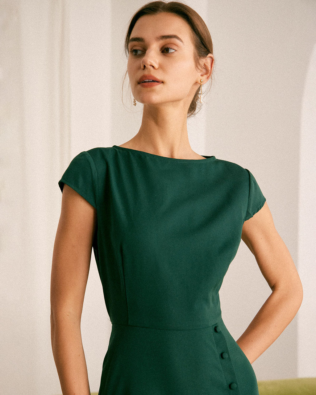 Green Boat Neck Midi Dress with Cutout Back