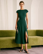 Green Boat Neck Midi Dress with Cutout Back