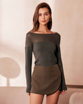 Army Green Sheer Knit Boat Neck Top