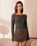 Army Green Sheer Knit Boat Neck Top