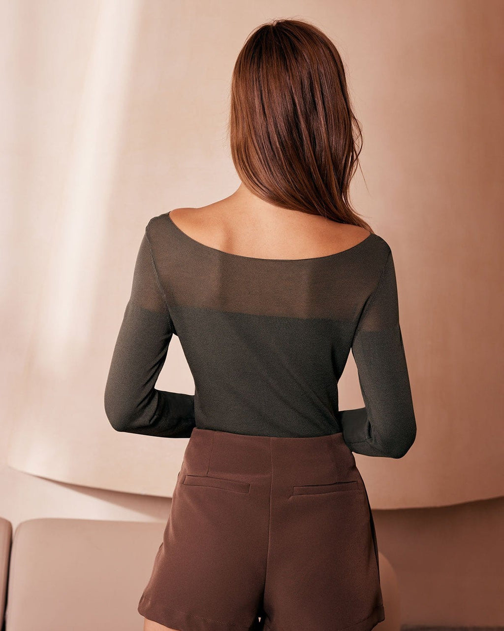 Army Green Sheer Knit Boat Neck Top
