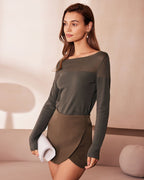 Army Green Sheer Knit Boat Neck Top