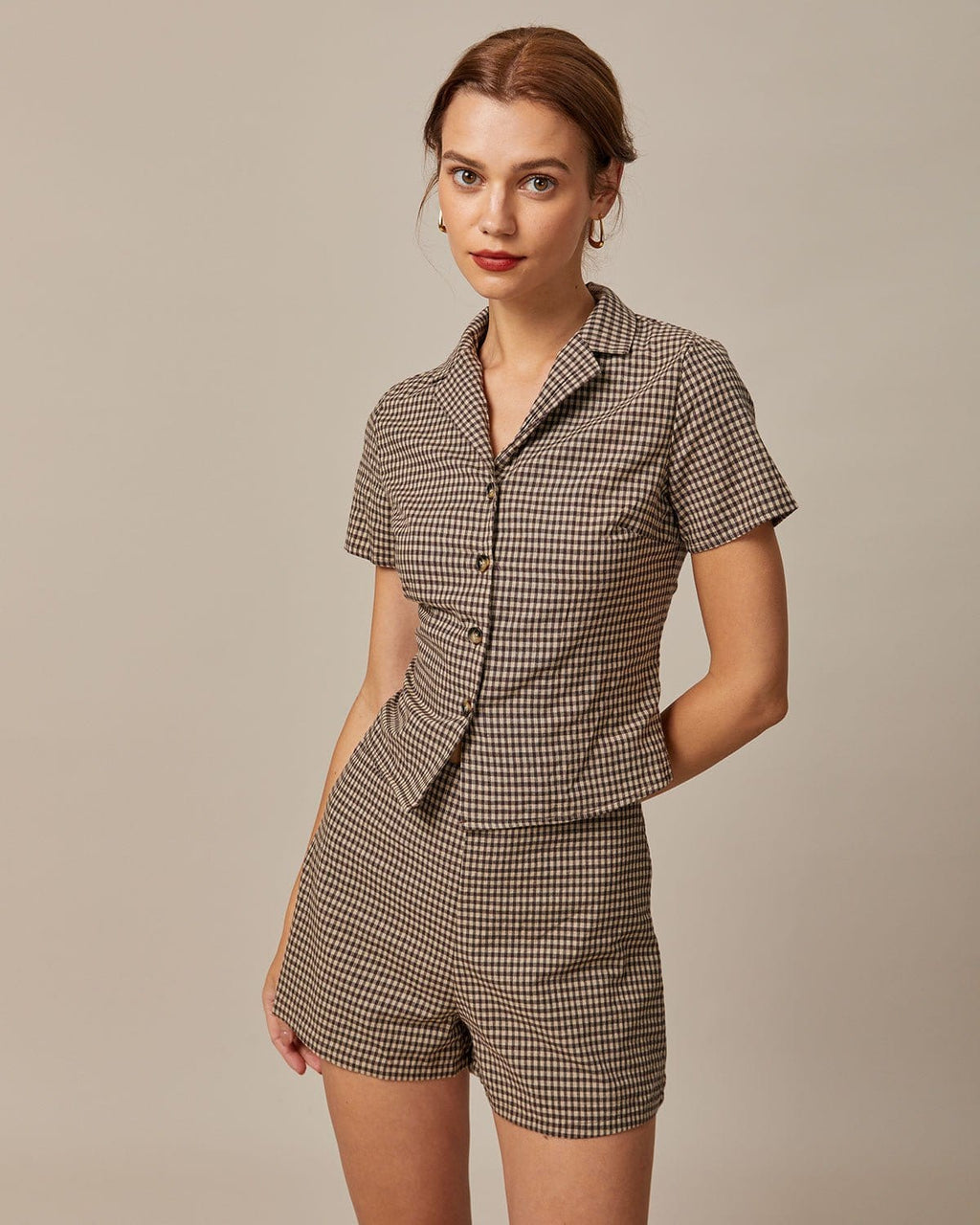 Brown Gingham Short Sleeve Blouse with Lapel