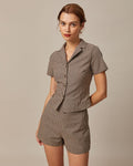 Brown Gingham Short Sleeve Blouse with Lapel