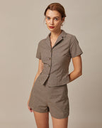 Brown Gingham Short Sleeve Blouse with Lapel
