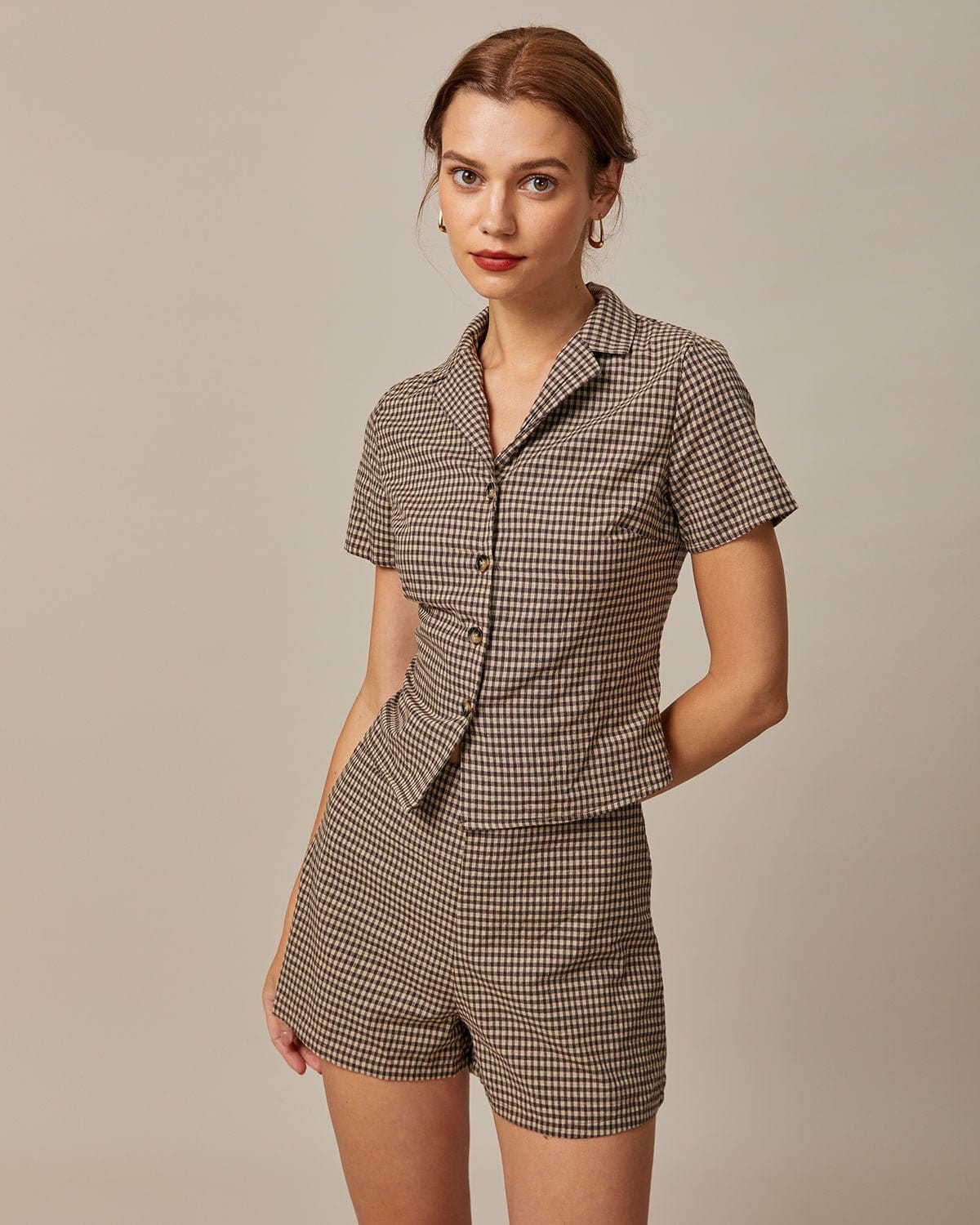 Brown Gingham Short Sleeve Blouse with Lapel