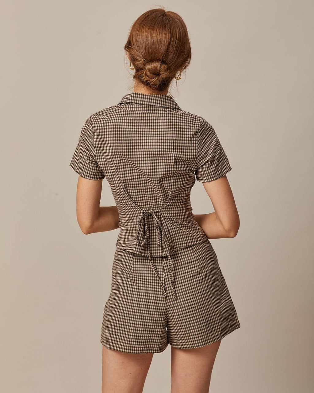 Brown Gingham Short Sleeve Blouse with Lapel