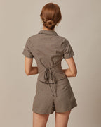Brown Gingham Short Sleeve Blouse with Lapel