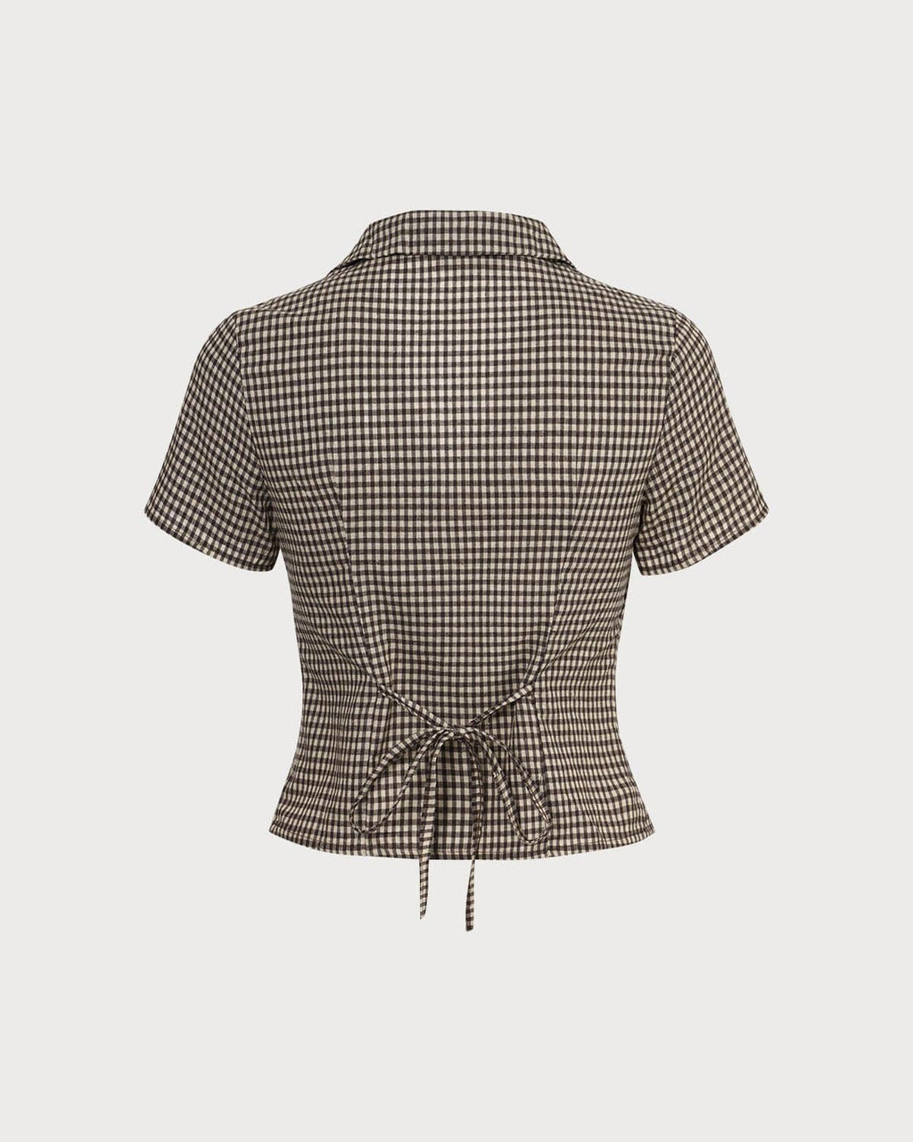 Brown Gingham Short Sleeve Blouse with Lapel
