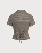 Brown Gingham Short Sleeve Blouse with Lapel