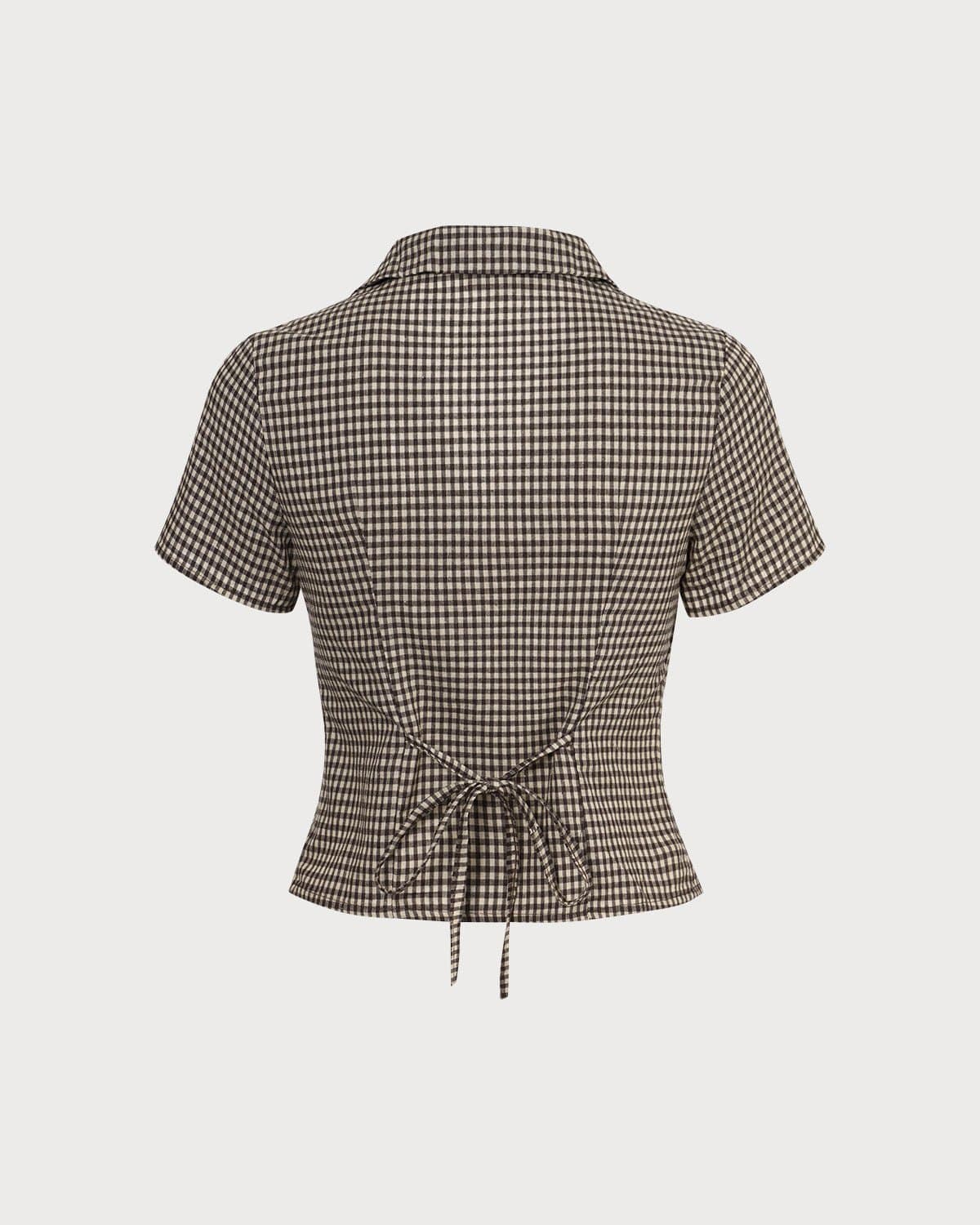 Brown Gingham Short Sleeve Blouse with Lapel