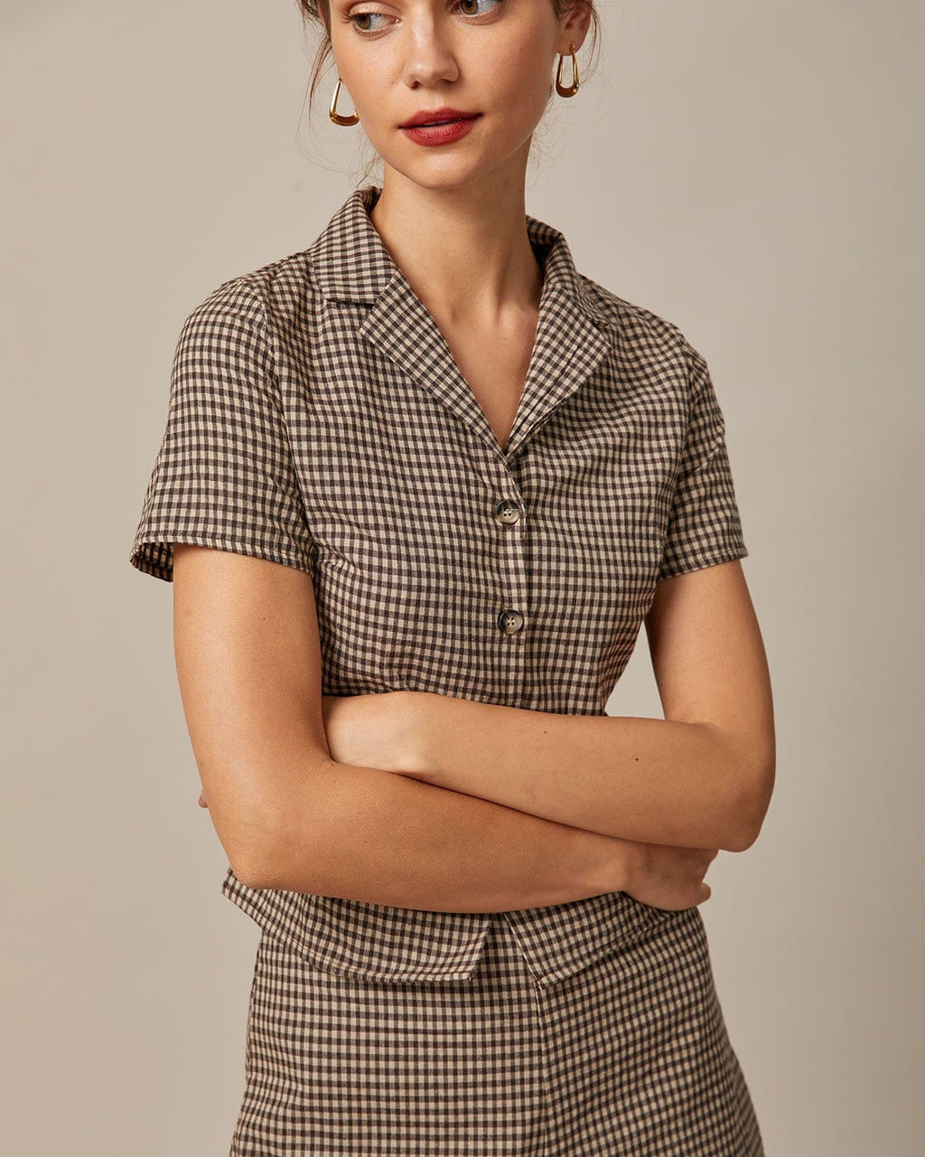 Brown Gingham Short Sleeve Blouse with Lapel