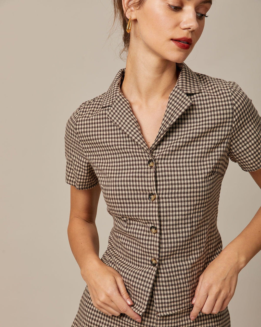 Brown Gingham Short Sleeve Blouse with Lapel