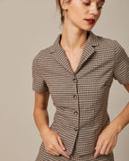 Brown Gingham Short Sleeve Blouse with Lapel